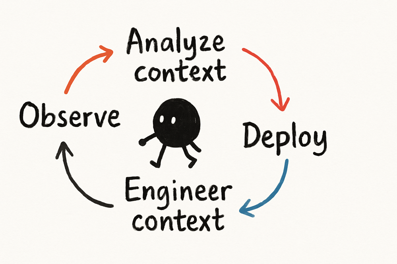 A flowchart showing the feedback loop: observe -> analyze context -> engineer context -> deploy -> observe again