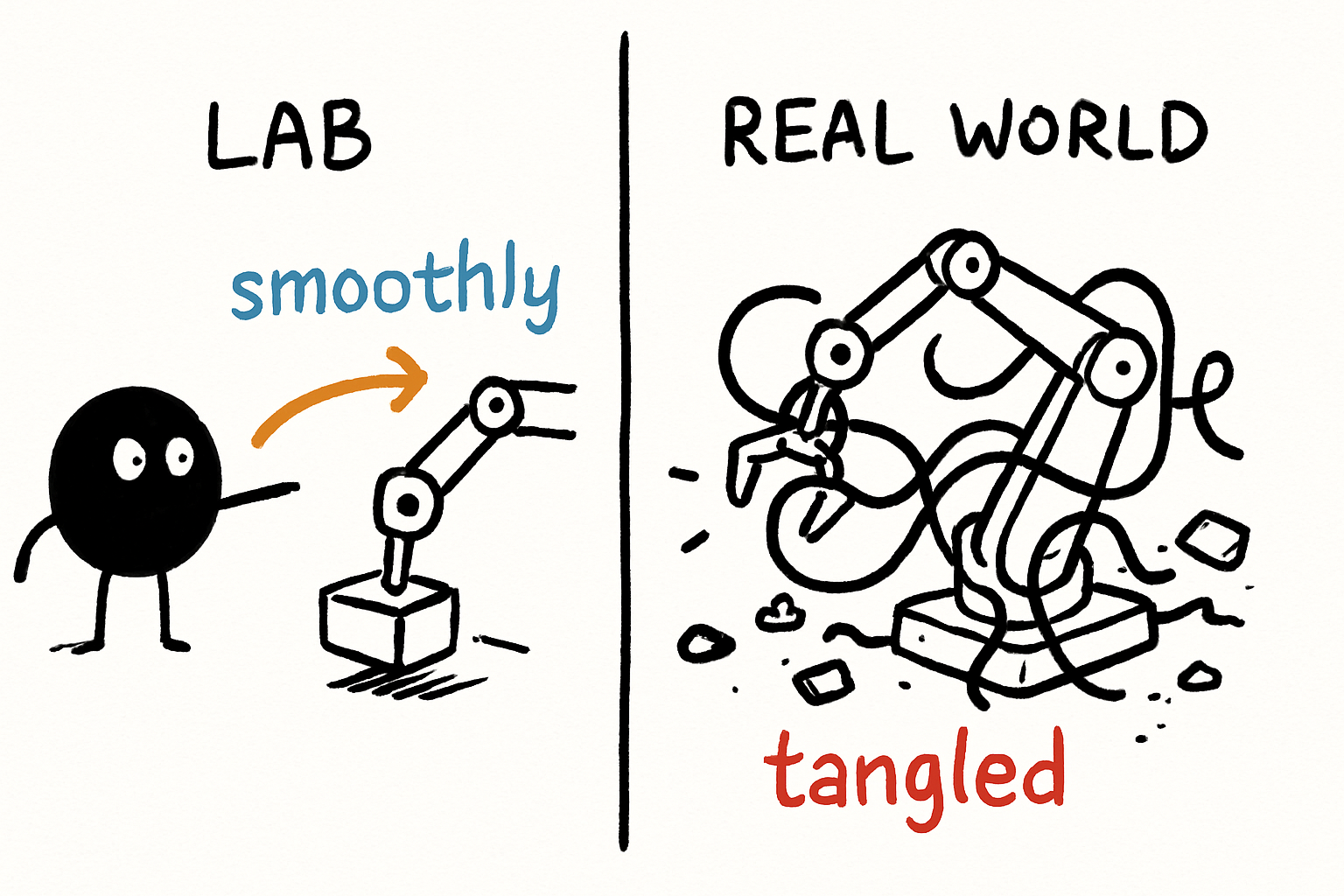 A split diagram showing a pristine lab environment on the left with a robot arm smoothly picking a block, and a chaotic real-world scene on the right with the same arm tangled in cables and debris