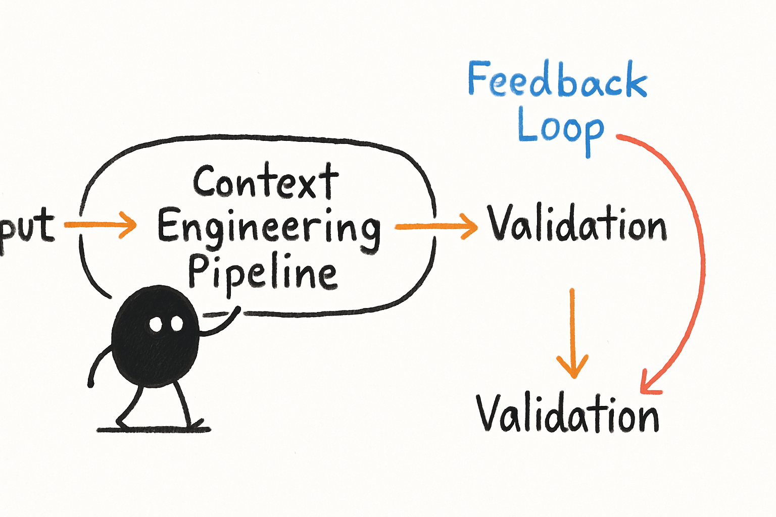 A diagram showing a context loop: Input -> Context Engineering Pipeline -> Model Inference -> Validation -> Feedback Loop back to Context Engineering Pipeline
