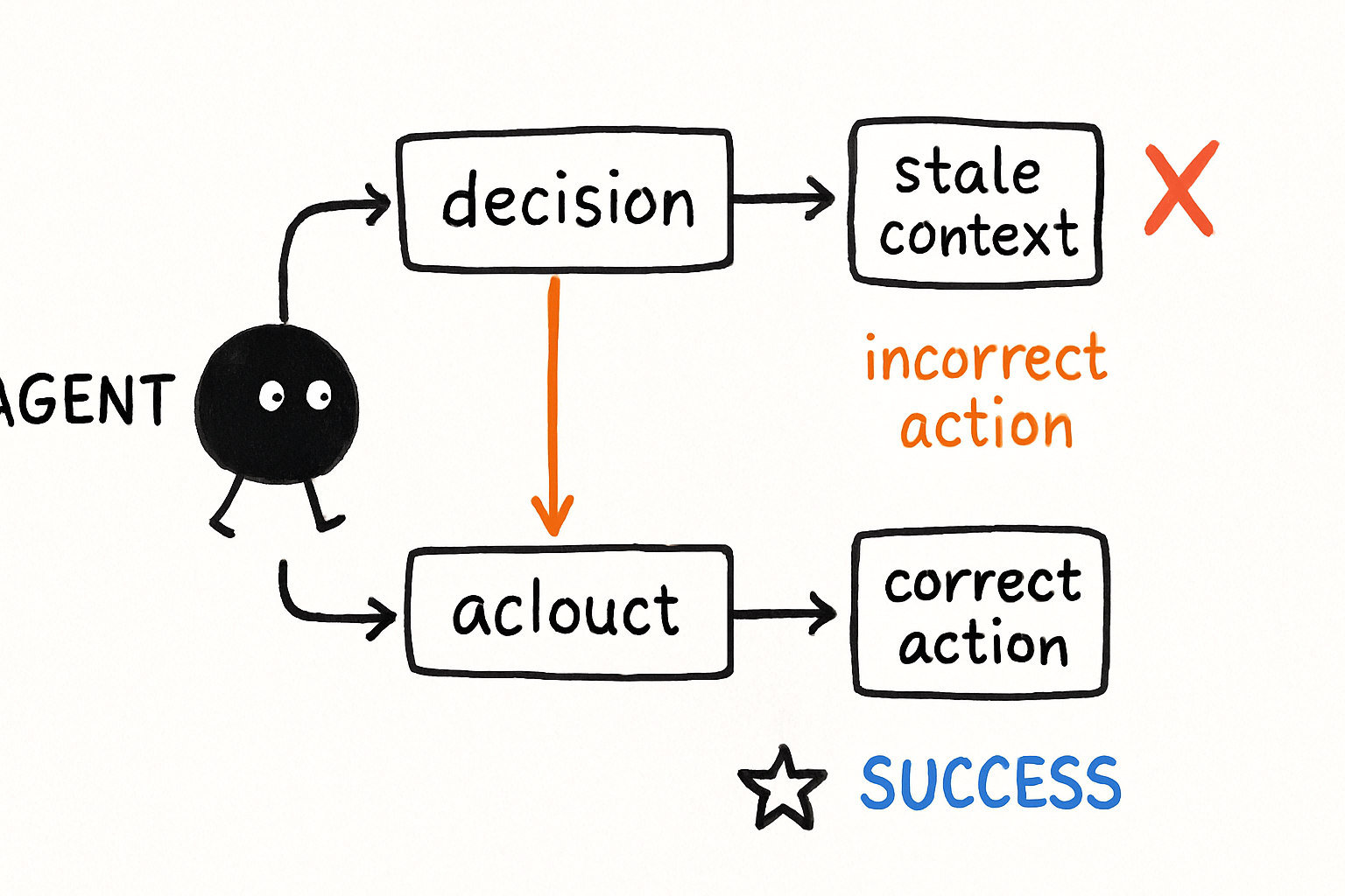 Flowchart showing an agent making a decision -> retrieving stale RAG context -> incorrect action -> failure, vs live context -> correct action -> success